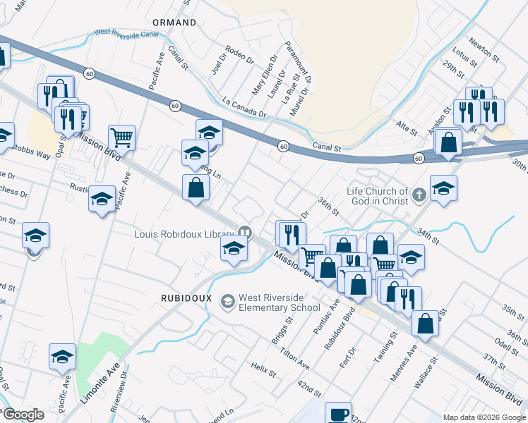 map of restaurants, bars, coffee shops, grocery stores, and more near 5838 Patty Street in Riverside