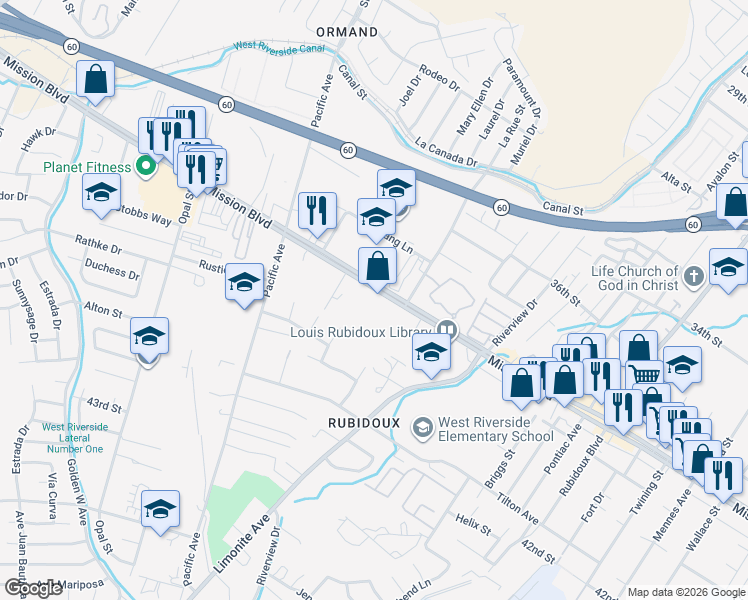 map of restaurants, bars, coffee shops, grocery stores, and more near 5950 Mission Boulevard in Riverside