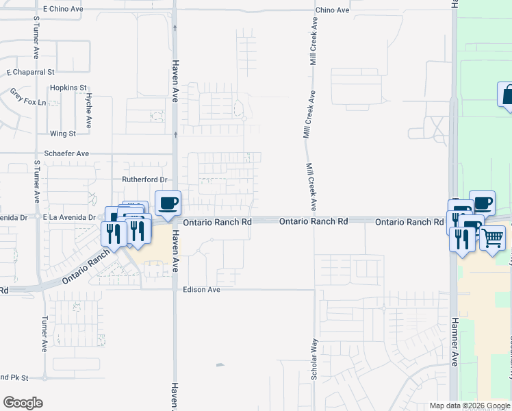 map of restaurants, bars, coffee shops, grocery stores, and more near 3983 South Sunrise Avenue in Ontario
