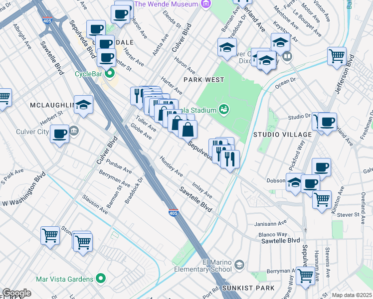 map of restaurants, bars, coffee shops, grocery stores, and more near 4491 Sepulveda Boulevard in Culver City