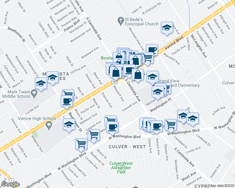 map of restaurants, bars, coffee shops, grocery stores, and more near 12444 Pacific Avenue in Los Angeles