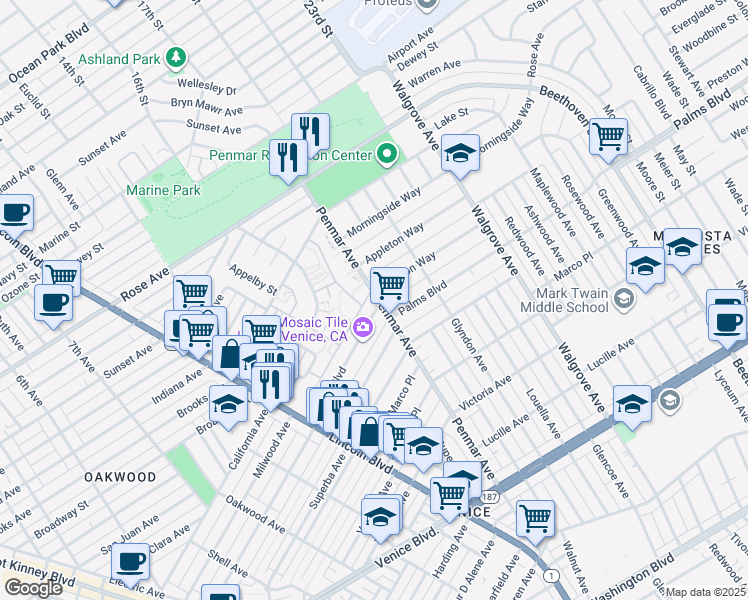 map of restaurants, bars, coffee shops, grocery stores, and more near 1740 Penmar Avenue in Los Angeles