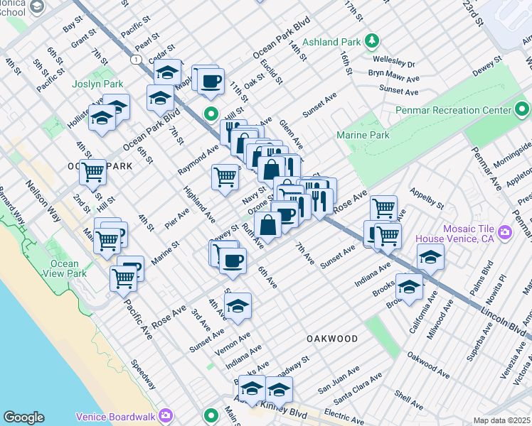 map of restaurants, bars, coffee shops, grocery stores, and more near 754 Ozone Street in Santa Monica