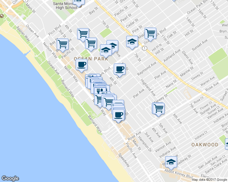 map of restaurants, bars, coffee shops, grocery stores, and more near 2704 Hill Street in Santa Monica