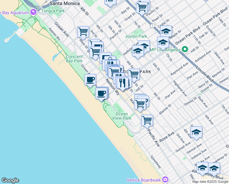 map of restaurants, bars, coffee shops, grocery stores, and more near 157 Ocean Park Boulevard in Santa Monica