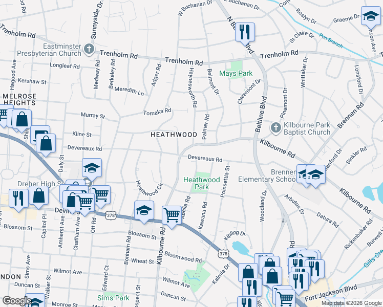 map of restaurants, bars, coffee shops, grocery stores, and more near 3816 Kilbourne Road in Columbia