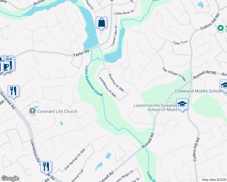 map of restaurants, bars, coffee shops, grocery stores, and more near 2165 Pendleton Place Northwest in Suwanee