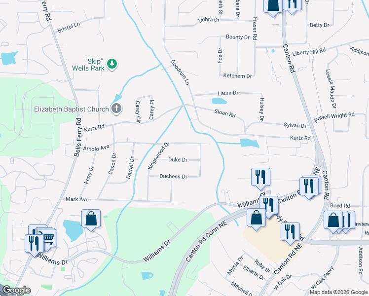 map of restaurants, bars, coffee shops, grocery stores, and more near 2528 Kingswood Drive in Marietta