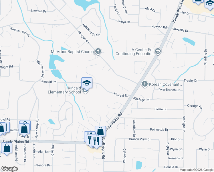 map of restaurants, bars, coffee shops, grocery stores, and more near 1515 Kincaid Road in Marietta