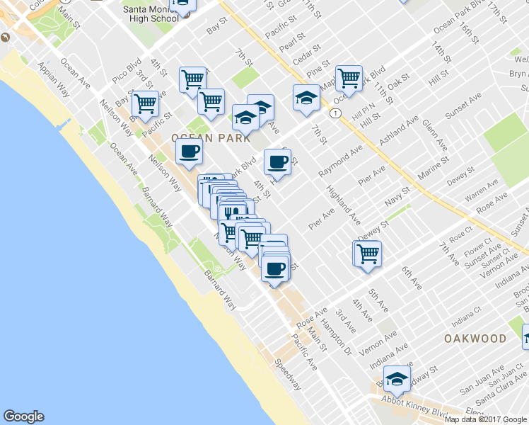 map of restaurants, bars, coffee shops, grocery stores, and more near 2727 3rd Street in Santa Monica