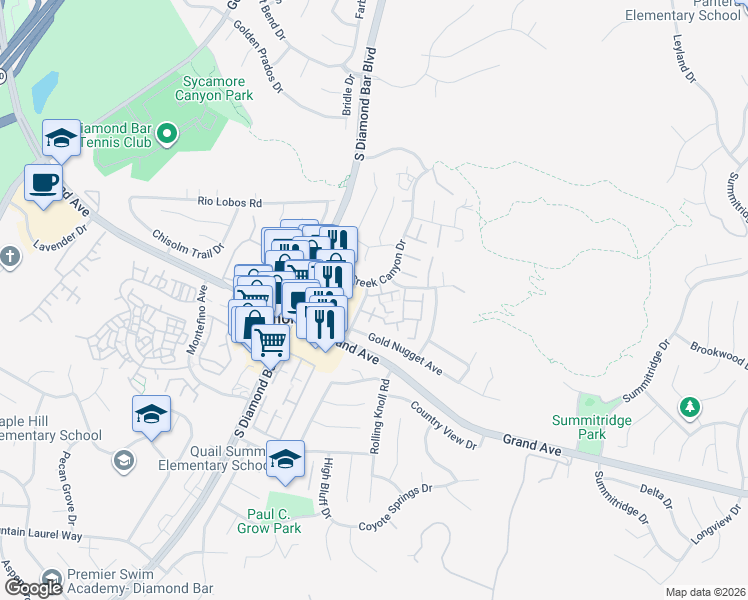 map of restaurants, bars, coffee shops, grocery stores, and more near 1110 Cleghorn Drive in Diamond Bar