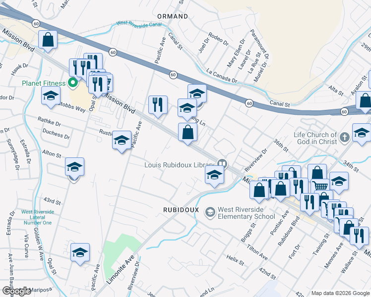 map of restaurants, bars, coffee shops, grocery stores, and more near 5950 Mission Boulevard in Riverside