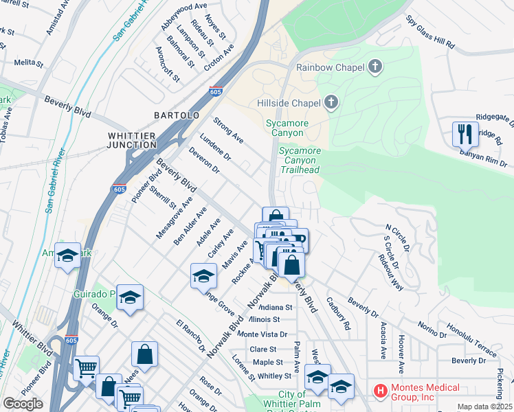 map of restaurants, bars, coffee shops, grocery stores, and more near 5302 Carley Avenue in Whittier