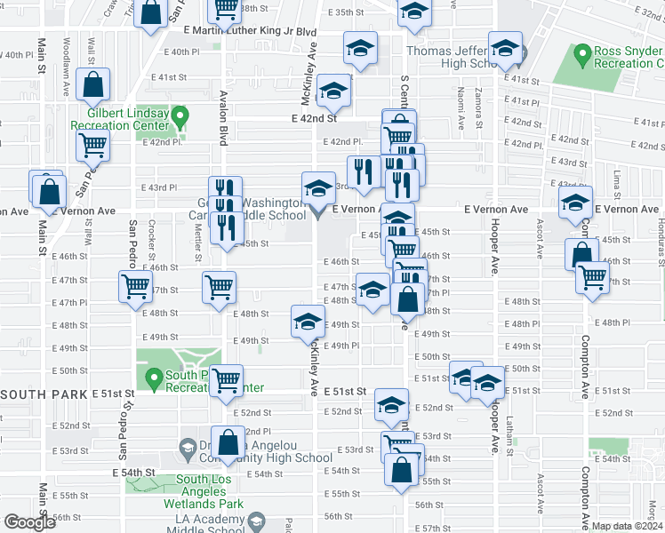 map of restaurants, bars, coffee shops, grocery stores, and more near 888 East 46th Street in Los Angeles