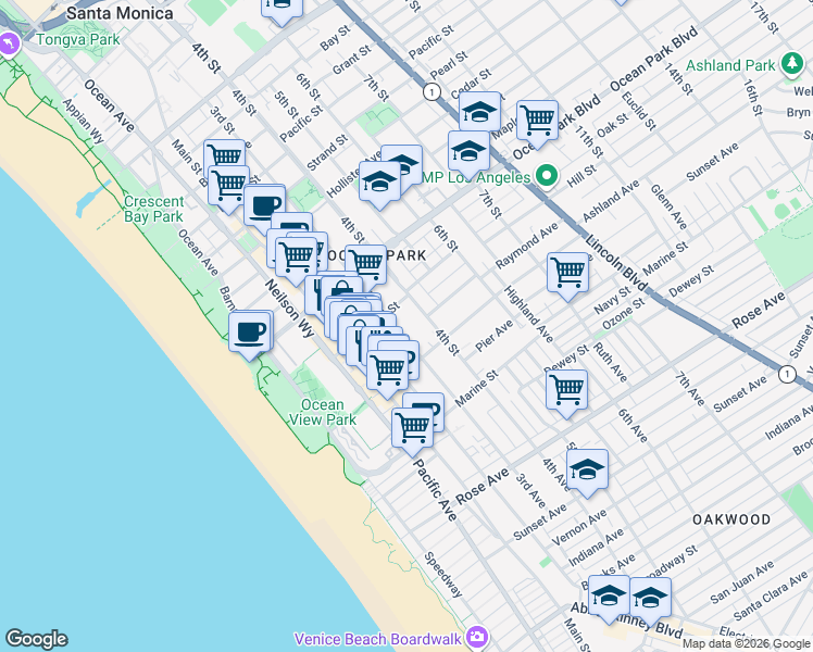 map of restaurants, bars, coffee shops, grocery stores, and more near 2727 3rd Street in Santa Monica
