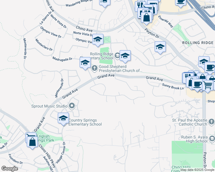 map of restaurants, bars, coffee shops, grocery stores, and more near 2638 Highridge Drive in Chino Hills