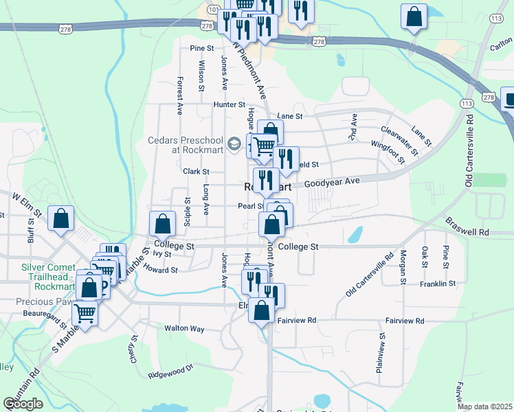 map of restaurants, bars, coffee shops, grocery stores, and more near 610 Pearl Street in Rockmart