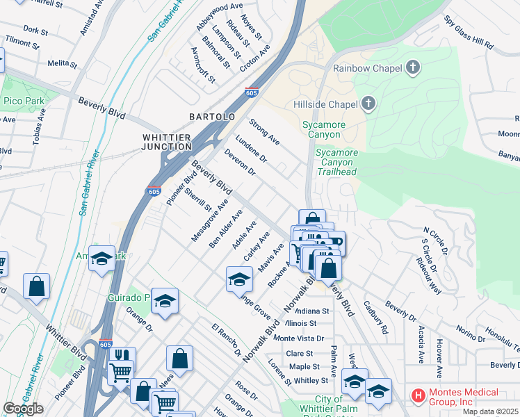 map of restaurants, bars, coffee shops, grocery stores, and more near 5339 Adele Avenue in Whittier