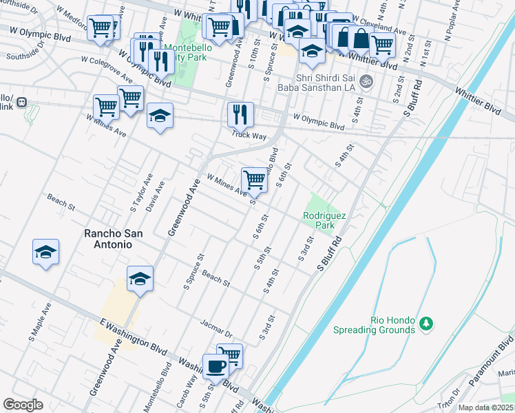 map of restaurants, bars, coffee shops, grocery stores, and more near 723 West Mines Avenue in Montebello