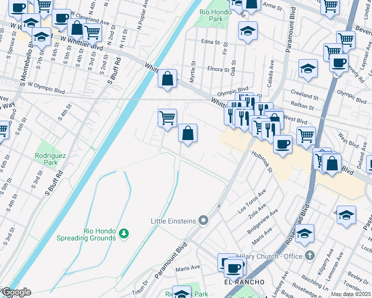 map of restaurants, bars, coffee shops, grocery stores, and more near 8357 Loch Lomond Drive in Pico Rivera