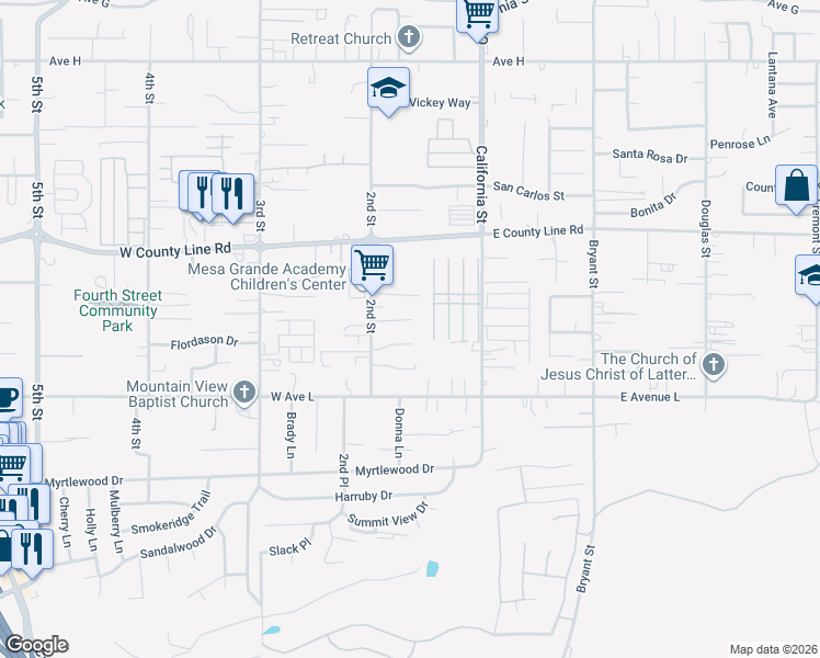 map of restaurants, bars, coffee shops, grocery stores, and more near 169 Victoria Lane in Calimesa