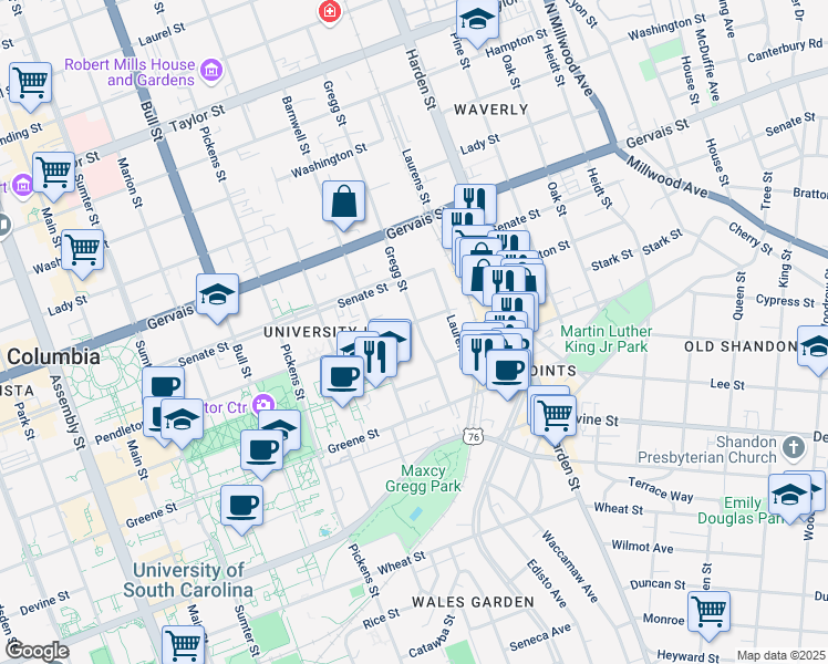 map of restaurants, bars, coffee shops, grocery stores, and more near 923 Gregg Street in Columbia