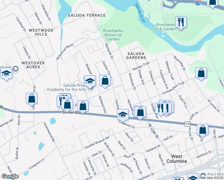 map of restaurants, bars, coffee shops, grocery stores, and more near 1304 Duke Street in West Columbia