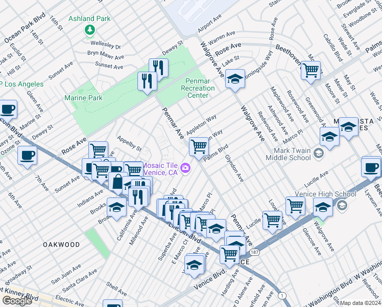 map of restaurants, bars, coffee shops, grocery stores, and more near 1817 Penmar Avenue in Los Angeles