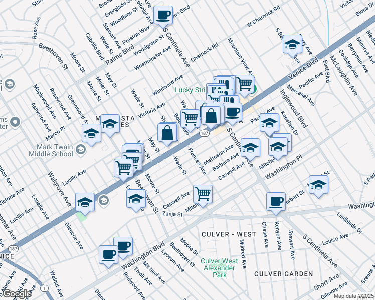 map of restaurants, bars, coffee shops, grocery stores, and more near 12623 Venice Boulevard in Los Angeles