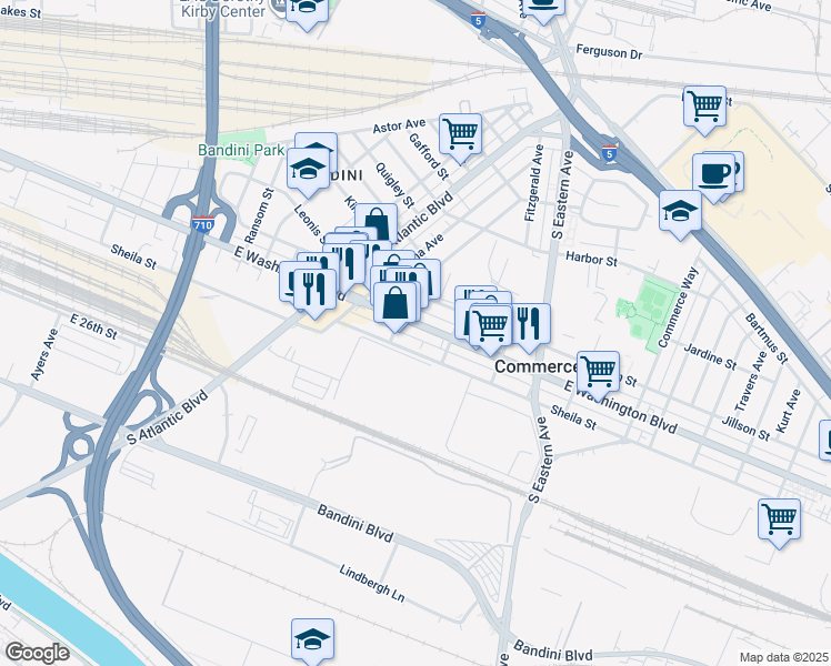 map of restaurants, bars, coffee shops, grocery stores, and more near 5309 East Washington Boulevard in Commerce