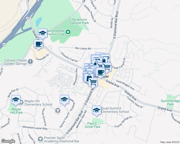 map of restaurants, bars, coffee shops, grocery stores, and more near 1100 Grand Avenue in Diamond Bar