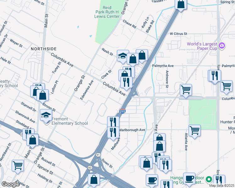 map of restaurants, bars, coffee shops, grocery stores, and more near 3207 Spring Garden Street in Riverside