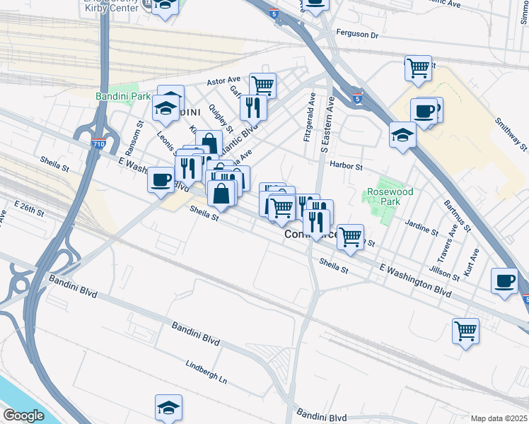 map of restaurants, bars, coffee shops, grocery stores, and more near 5400 Jillson Street in Commerce