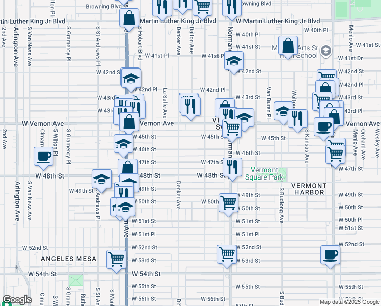 map of restaurants, bars, coffee shops, grocery stores, and more near 1497 West 46th Street in Los Angeles