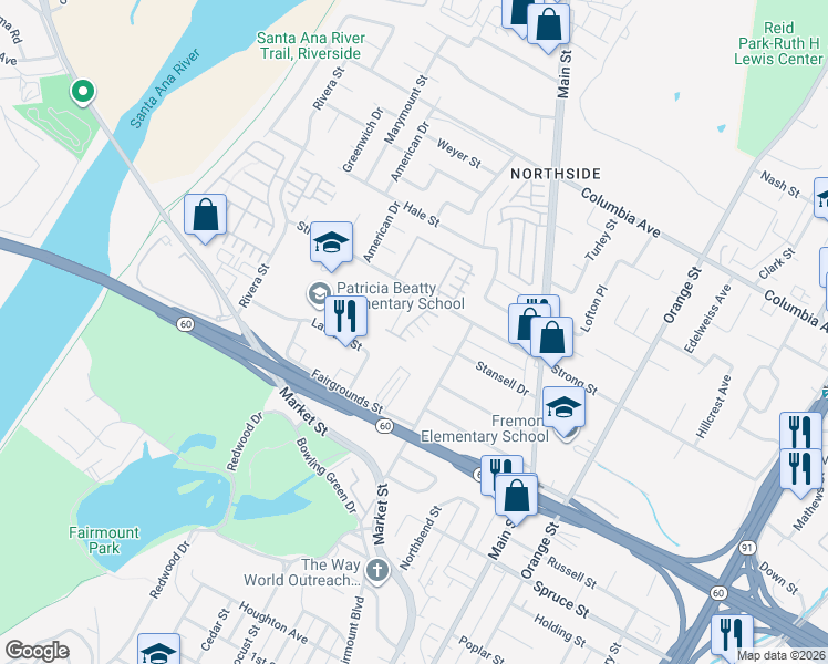 map of restaurants, bars, coffee shops, grocery stores, and more near 1796 Parkplace Lane in Riverside