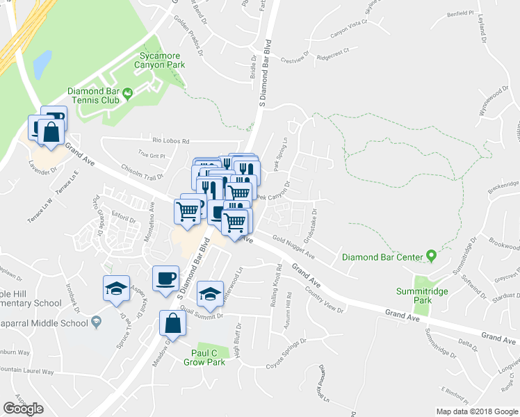 map of restaurants, bars, coffee shops, grocery stores, and more near 1123 Cleghorn Drive in Diamond Bar