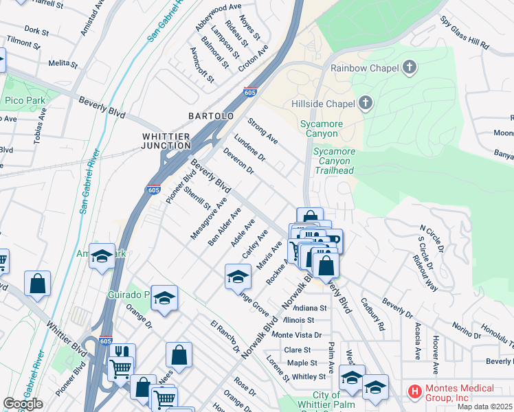 map of restaurants, bars, coffee shops, grocery stores, and more near 5339 Adele Avenue in Whittier