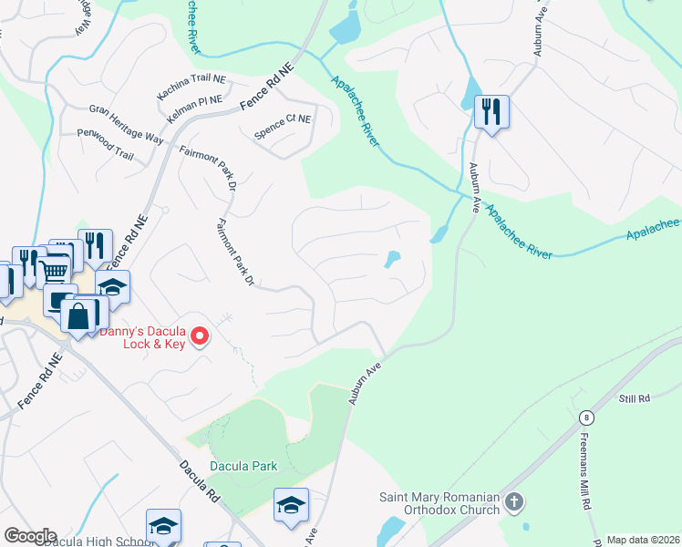 map of restaurants, bars, coffee shops, grocery stores, and more near 2722 Maeve Court Northeast in Dacula