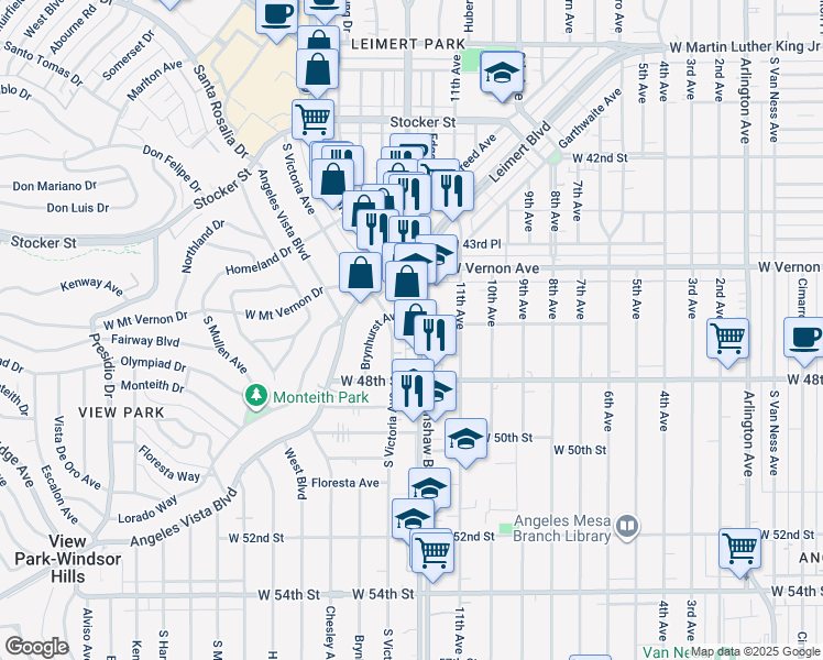 map of restaurants, bars, coffee shops, grocery stores, and more near 4611 Crenshaw Boulevard in Los Angeles