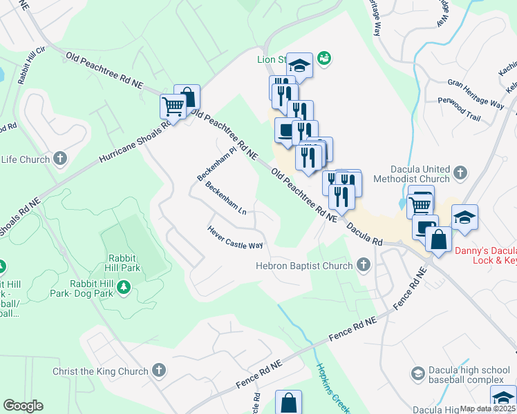 map of restaurants, bars, coffee shops, grocery stores, and more near 221 Beckenham Lane in Dacula