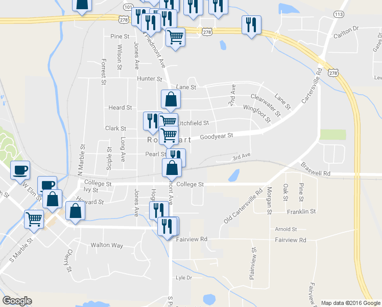 map of restaurants, bars, coffee shops, grocery stores, and more near Newcomb Street in Rockmart