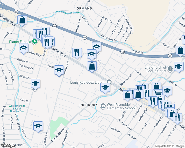 map of restaurants, bars, coffee shops, grocery stores, and more near 5950 Mission Boulevard in Riverside