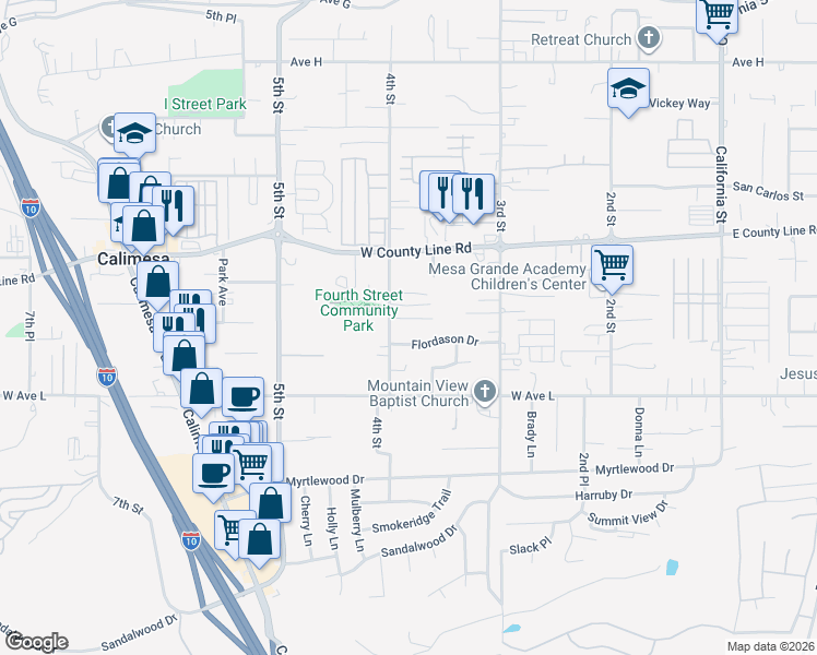 map of restaurants, bars, coffee shops, grocery stores, and more near 381 Rogers Court in Calimesa