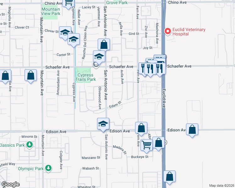 map of restaurants, bars, coffee shops, grocery stores, and more near 6760 Manzanita Street in Chino