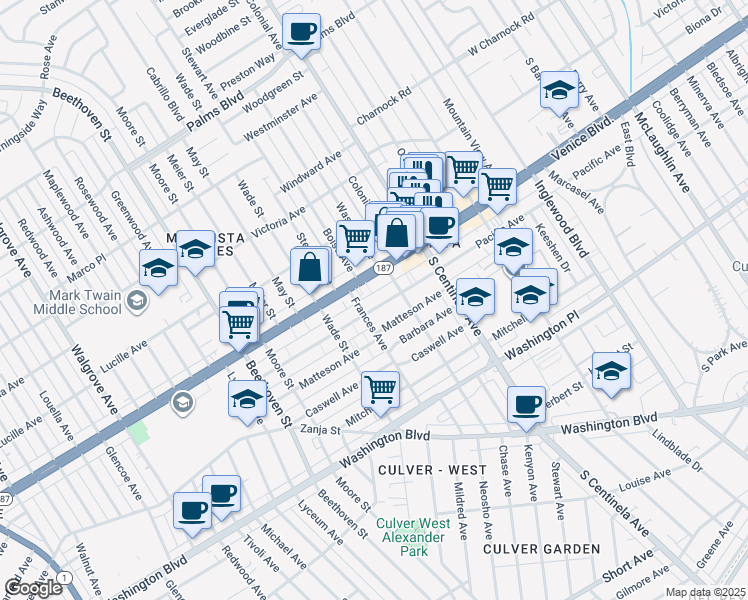 map of restaurants, bars, coffee shops, grocery stores, and more near 12535 Pacific Avenue in Los Angeles