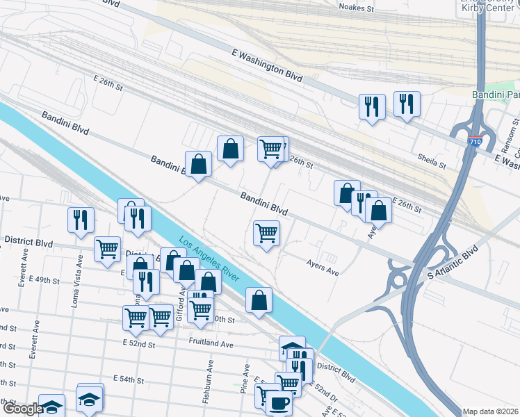 map of restaurants, bars, coffee shops, grocery stores, and more near 4280 Bandini Boulevard in Los Angeles