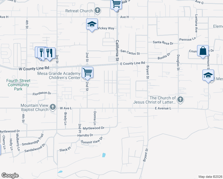 map of restaurants, bars, coffee shops, grocery stores, and more near 950 California Street in Calimesa