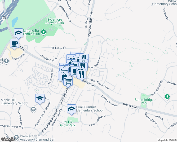 map of restaurants, bars, coffee shops, grocery stores, and more near 1123 Cleghorn Drive in Diamond Bar