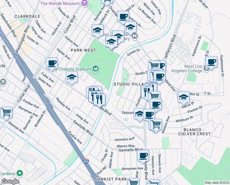 map of restaurants, bars, coffee shops, grocery stores, and more near 11057 Ocean Drive in Culver City