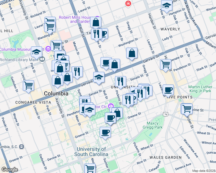 map of restaurants, bars, coffee shops, grocery stores, and more near 1527 Senate Street in Columbia